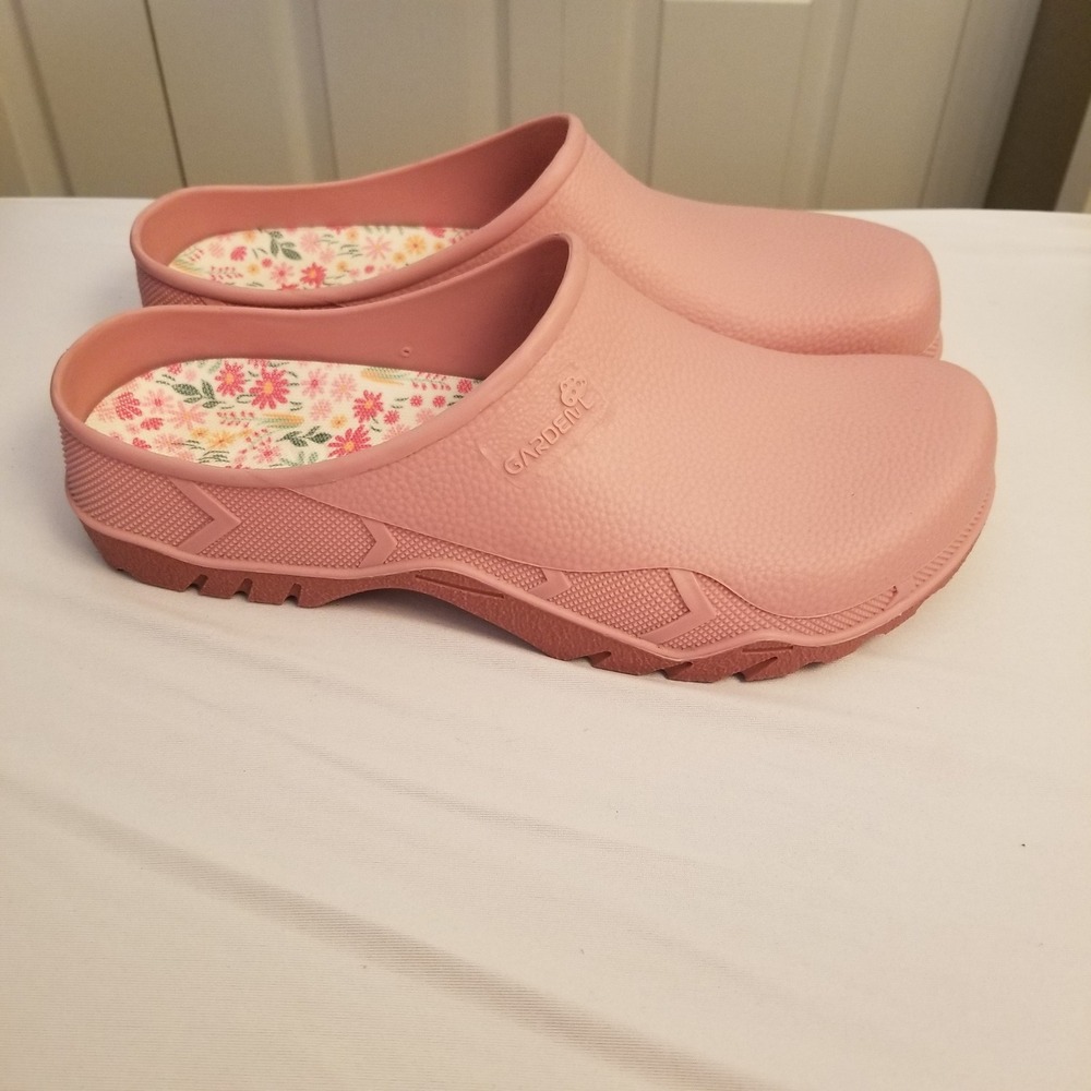 Gardene Women Pink Rubber Garden Clogs Floral Insole Slip On Mules Size  9/10